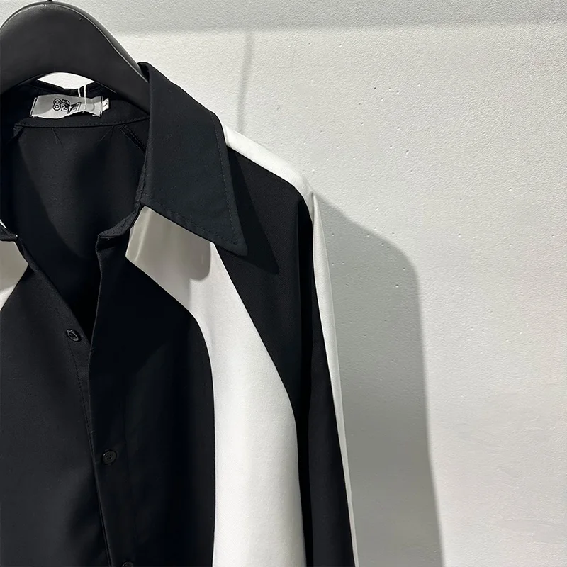SuperAen Korean Autumn Black and White Panels Contrast Loose Long-sleeved Shirt High-end Patchwork Shirts
