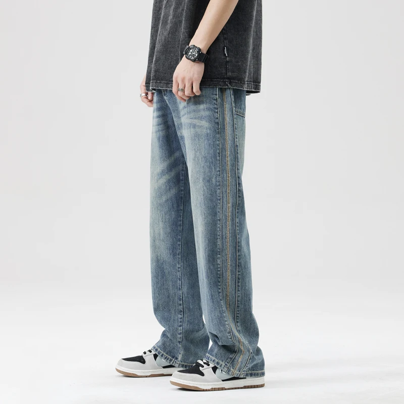 

2024 Summer New Stretch Jeans Men's Loose Straight High Street Retro Trendy Men's Set for Teenagers Men's Jeans Fashion Style