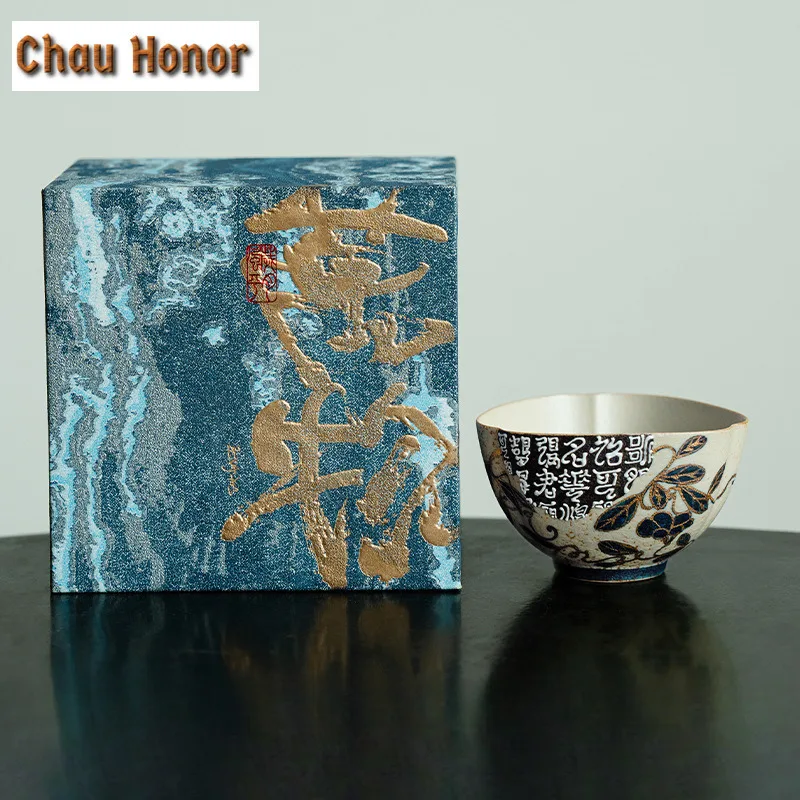 100ML Blue And White Flint Red Teacup Japanese Gold Drawing Branch Lotus Tea Bowl With Saucer Meditation Cup Coffee Mug Teaware