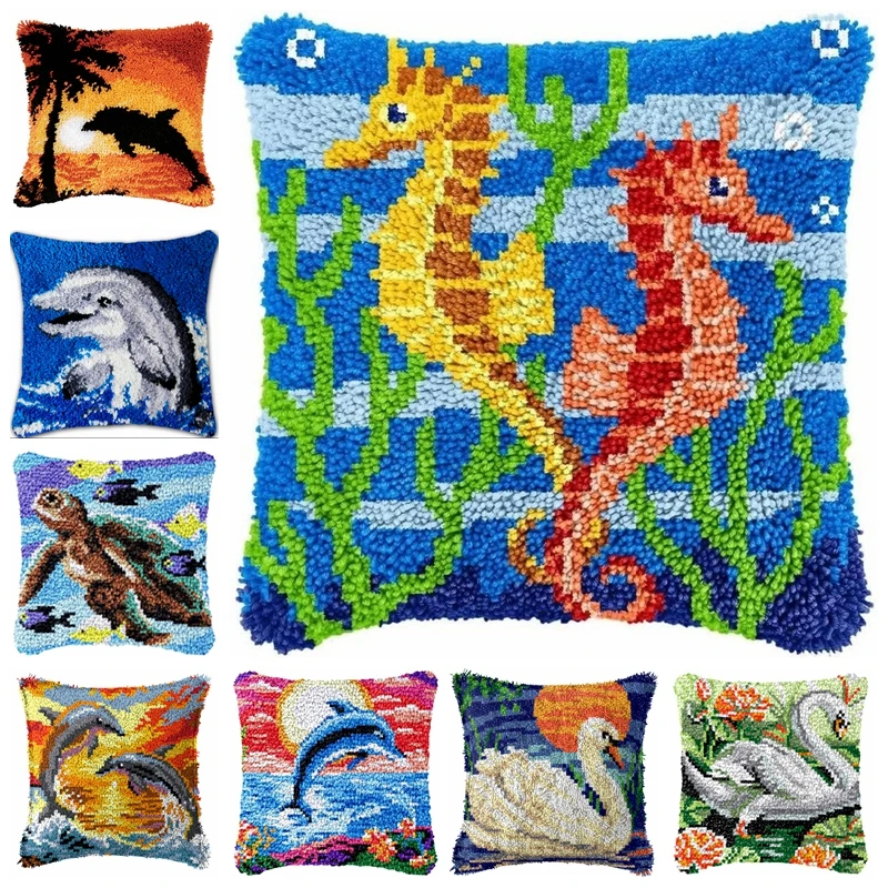 Seahorse Swan Latch Hook Kit for Pillow Cover DIY Carpet Embroidery with Wool Yarn Beginner-Friendly Craft Set Cross stitch kit