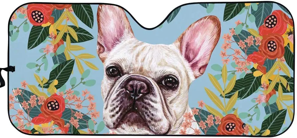 

WELLFLYHOM Auto Sunshade Accordian Front Window Funny Joyful French Bulldog Floral Sun Shades for Windshield Foldable SUV Car Tr