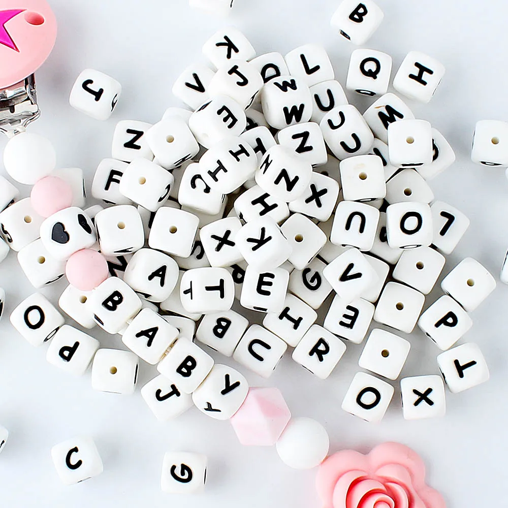 100pcs 12mm Letters Silicone Beads Pacifier Clips Alphabet DIY Personalized Name Chain Jewelry Accessories Making Food Grade