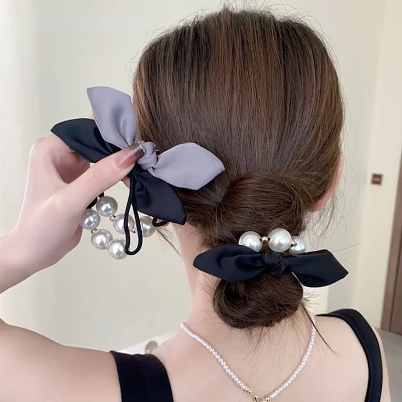 

New Pearl Bow High Elastic Horsetail Hair Ring for Women 2023 Rabbit Ears Pearl Hair Rope Tie Hair Rubber Band Hair Accessories