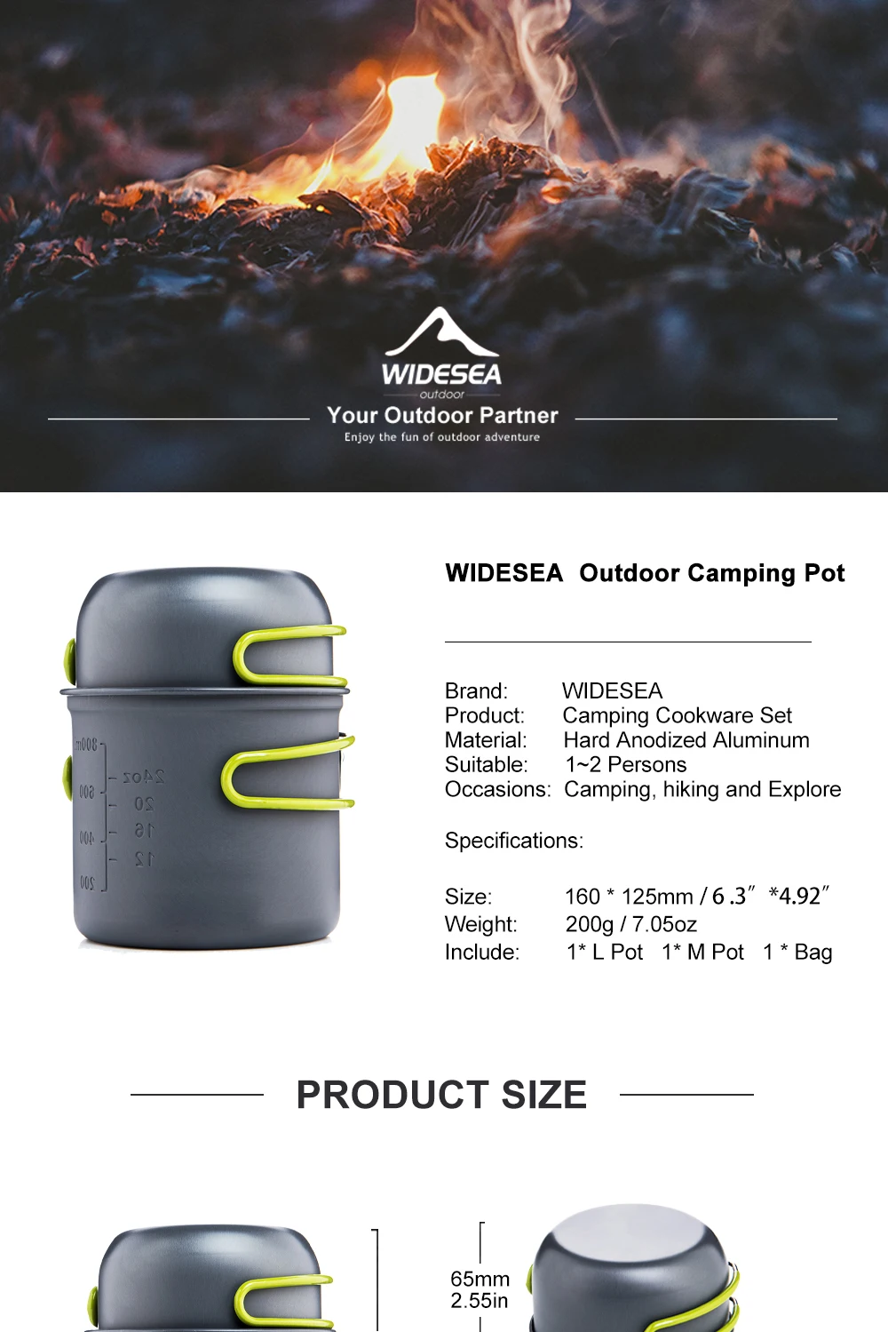 Description Picture 2 of itemWidesea Ultralight Camping Cooking Utensils Outdoor Tableware Pot Set Hiking Picnic Travel Tourist Dishes Supplies Equipment