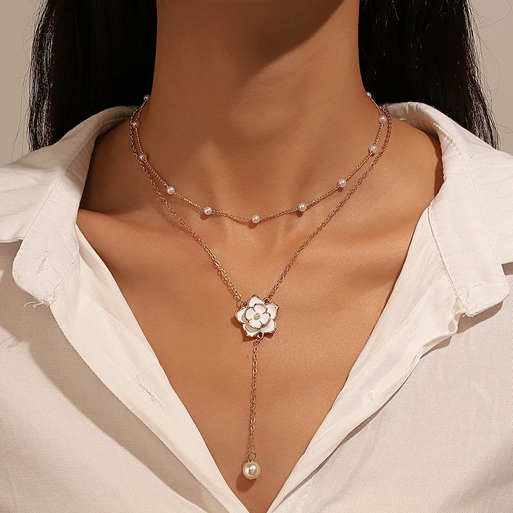 

Dainty Camellia Pearl Tassel Necklace for Women Fashion Double Layer Lotus Flower Choker Necklace DIY Jewelry Party Gifts 2023