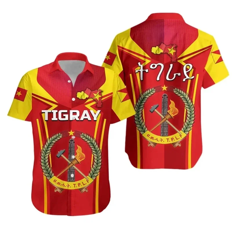 thumbnail image 1 of Camisetas hawaianas con estampado 3D del escudo de armas de África Tigray y patrón africano para hombre, moda urbana, ropa de calle, camiseta de manga corta, 1 of 5