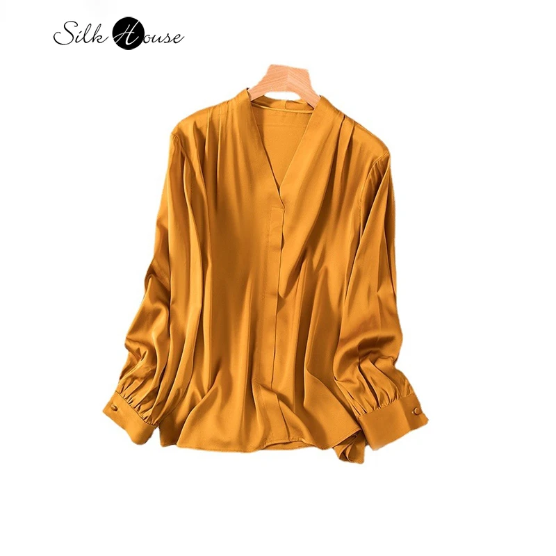 

Fashionable New 93%Natural Mulberry Silk Elastic Double Qiao Women's Shirt V-neck Solid Color Elegant and Comfortable