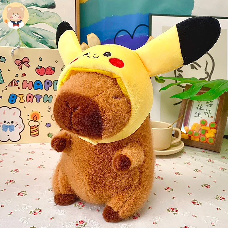22cm Pokemon Pikachu Disney Stitch Kuromi Hat Capybara Plush Toy Capibara Stuffed Animal  Simulation Capybara Plushies Doll