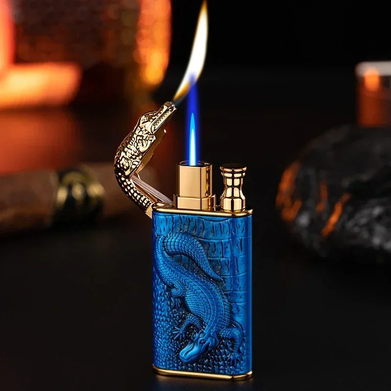 3D Embossed Dragon Crocodile Dual Fire Metal Windproof Jet Fire Open Flame Convertible Gas Lighter Smoking Men Gift gas lighter