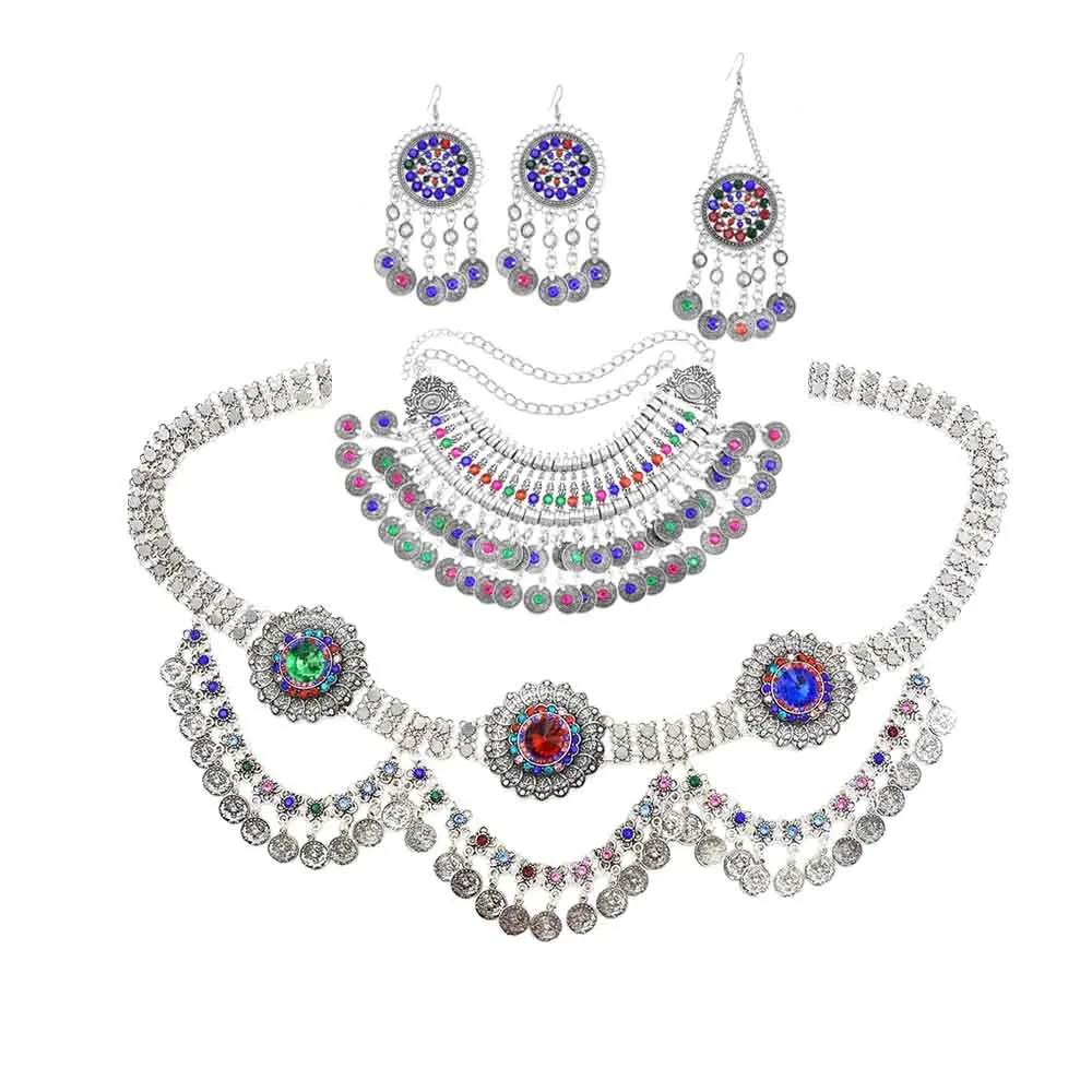 

Multicolors Crystal Coin Necklaces Earrings Belly Chains Sets for Women Bridal Gypsy Tribal Wedding Party Jewelry Sets Gift