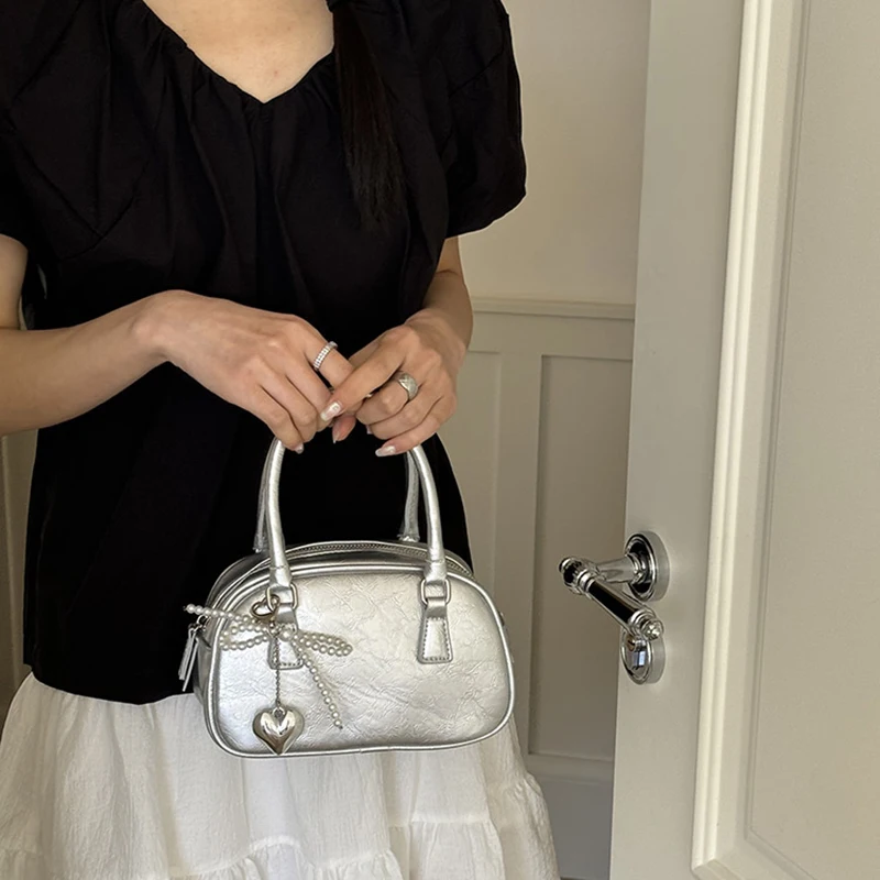 Silver Small Square Bag PU Handheld Crossbody Bag Bowling Bag Fashion Casual Women's Boston Commuter Bag