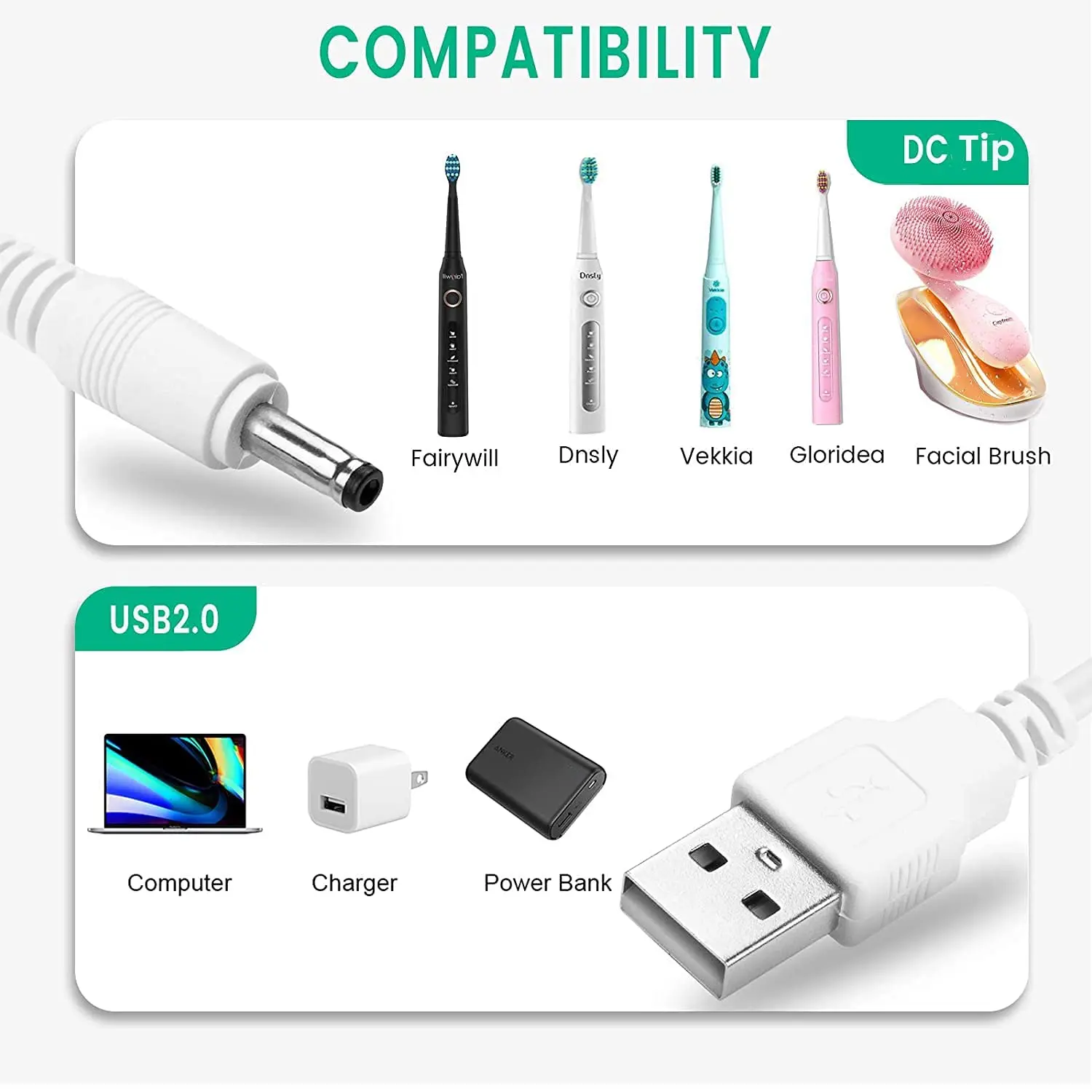 Charger Replacement For Fairywill Sonic Electric Toothbrush Bitvae D2 Sonic USB Charging Cable 2-Pack usb charging cable