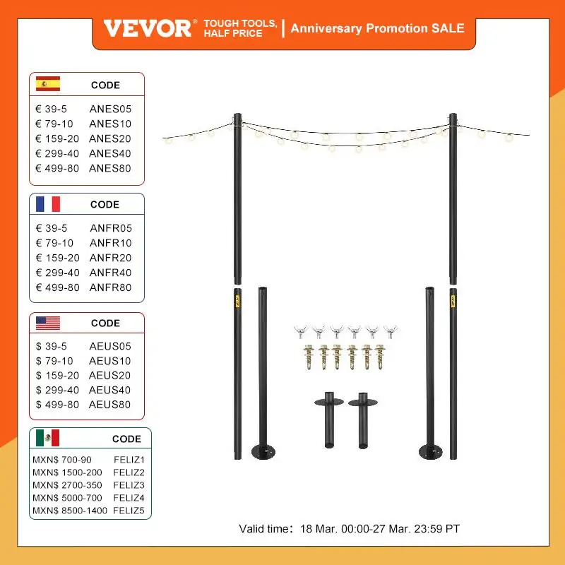 Soporte Decoración Exterior Poste Para Luces De Cadena De 3 Metros - Base Estable Para Terraza, Jardín O Bodas - Acero Resistente Base Brida Hormigón Madera