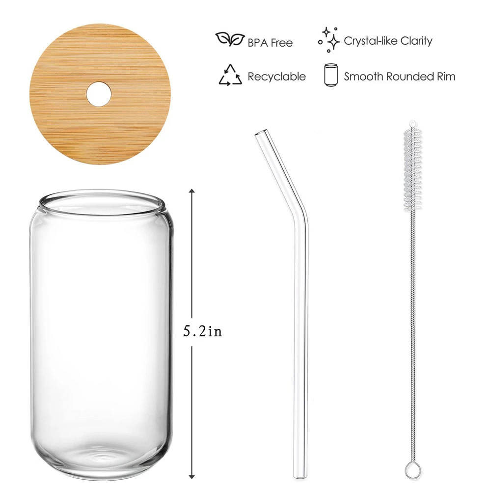 glass cup 1/4/6pcs Set Glass Cup With Lid and Straw Juice Glass Beer Can Milk Mocha Cup Transparent Bubble Tea High Borosilicate