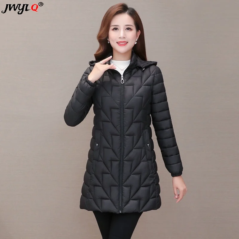 

Oversized 6xl Hooded Thicken Warm Cotton Padded Parkas Elegant Loose Zipper Mid-length Coats Casual Pocket Streetwear Down Coats