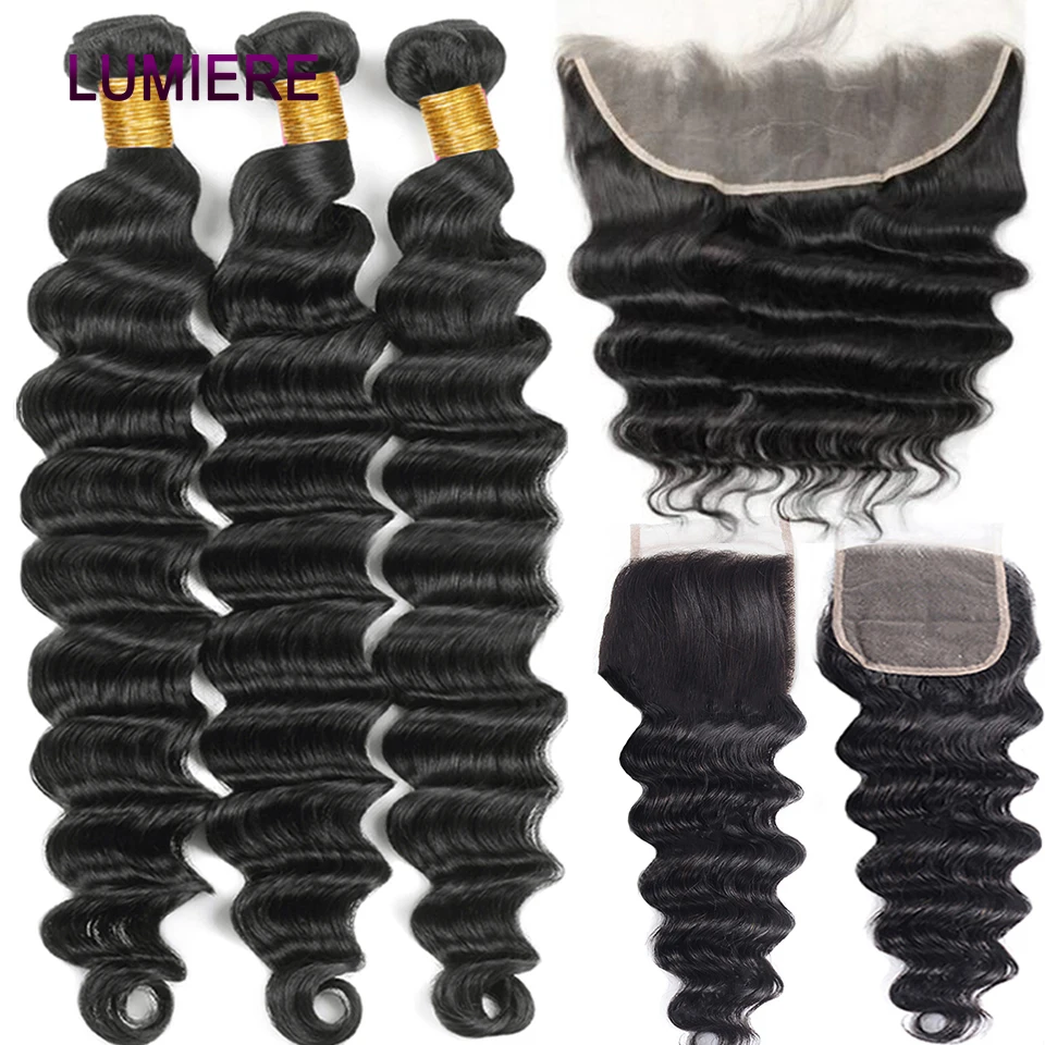 Human Hair Bundles Peruvian Loose Deep Wave Bundle With Closure 3/4 Bundles With Frontal Closure HD Transparent Lace Frontal Bundle