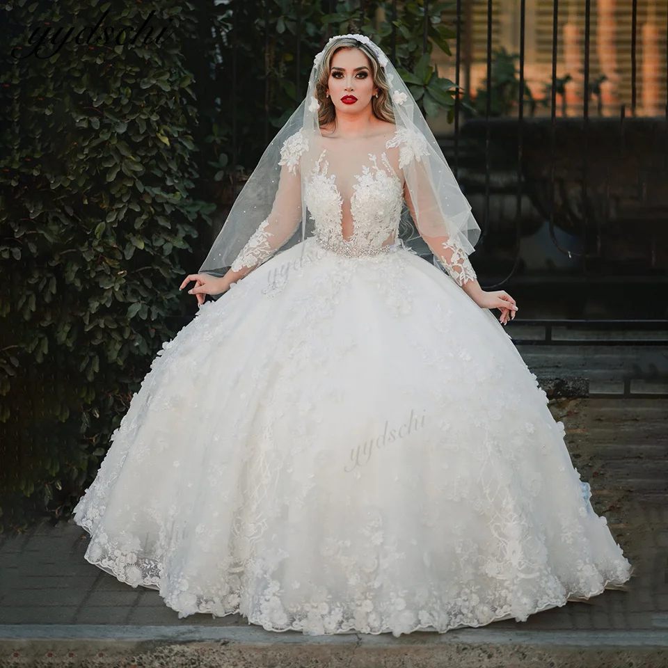 

Luxury Dubai Ball Gown Wedding Dress For Women 2023 Princess Long Sleeves Lace Appliques Scoop Neck Bride Gowns Vestido De Noiva
