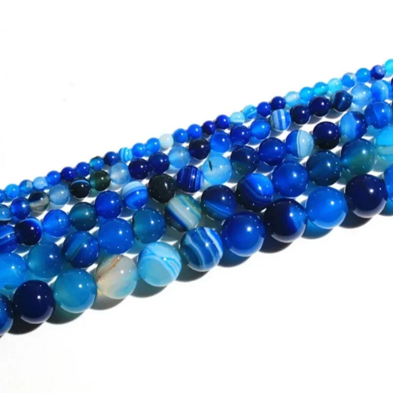 

Blue Striped Agate Loose Beads Natural Gemstone Smooth Round for Jewelry Making