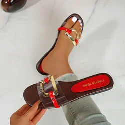 Summer 2025 Chic Women's Fashion Flat Sandals with Metal Strap - 38 (Red)