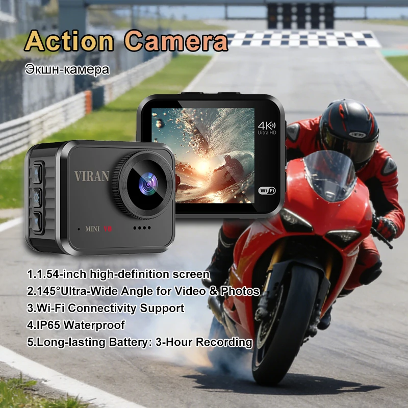 Mini Action Camera 4K Ultra HD 16MP Long Recording Time WiFi 1.54 inch IPS Display 145° Wide Angle IP67 Waterproof Sports DV Cam