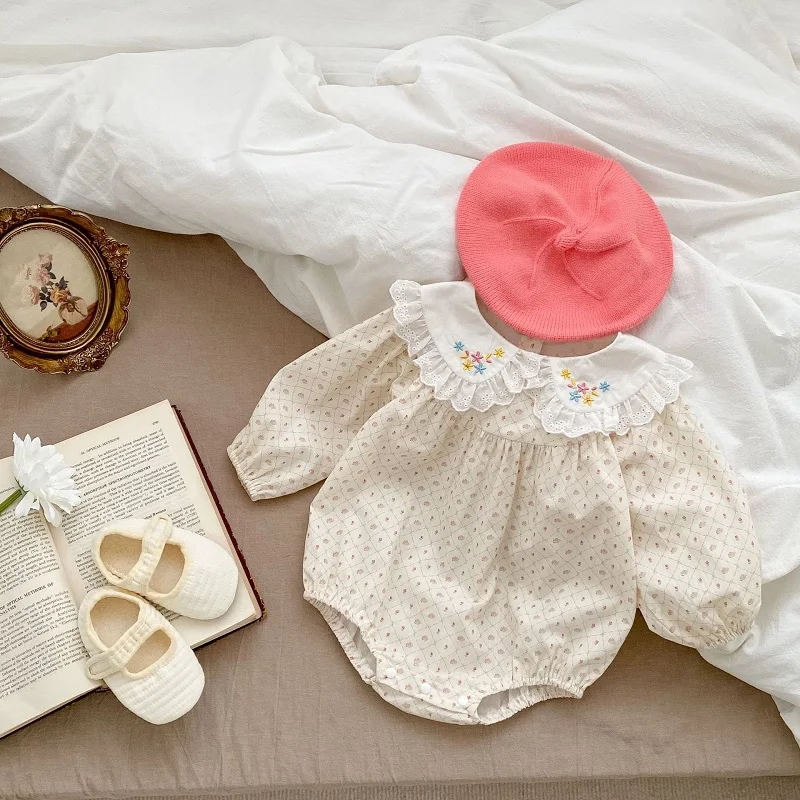 

INS Newborn Baby Girl Romper 0-24Months Princess Long Sleeve Embroidery Flower Peter Pan Collar Print Bodysuit Outfits Clothes