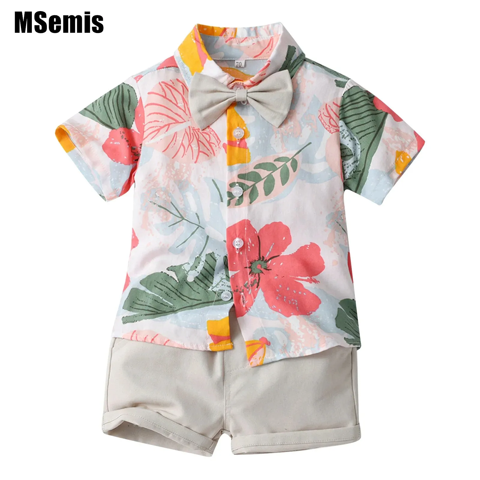 

Baby Boys Hawaiian Print Set Short Sleeves Shirt with Bow Elastic Waist Solid Color Shirts Outfits
