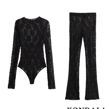 KONDALA 시크 솔리드 빈티지 레이스 블랙 섹시 여성 세트, 긴 소매 할로우 아웃 점프수트, 하이 웨이스트 플레어 팬츠, 2023 가을 패션