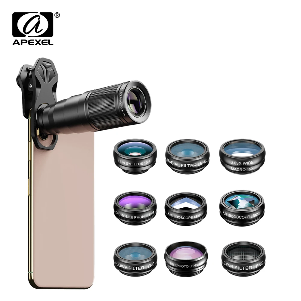APEXEL – objectif de téléphone portable 10 en 1, téléobjectif Fisheye Macro grand Angle + CPL/flux/Radial/filtre étoile pour tous les smartphones