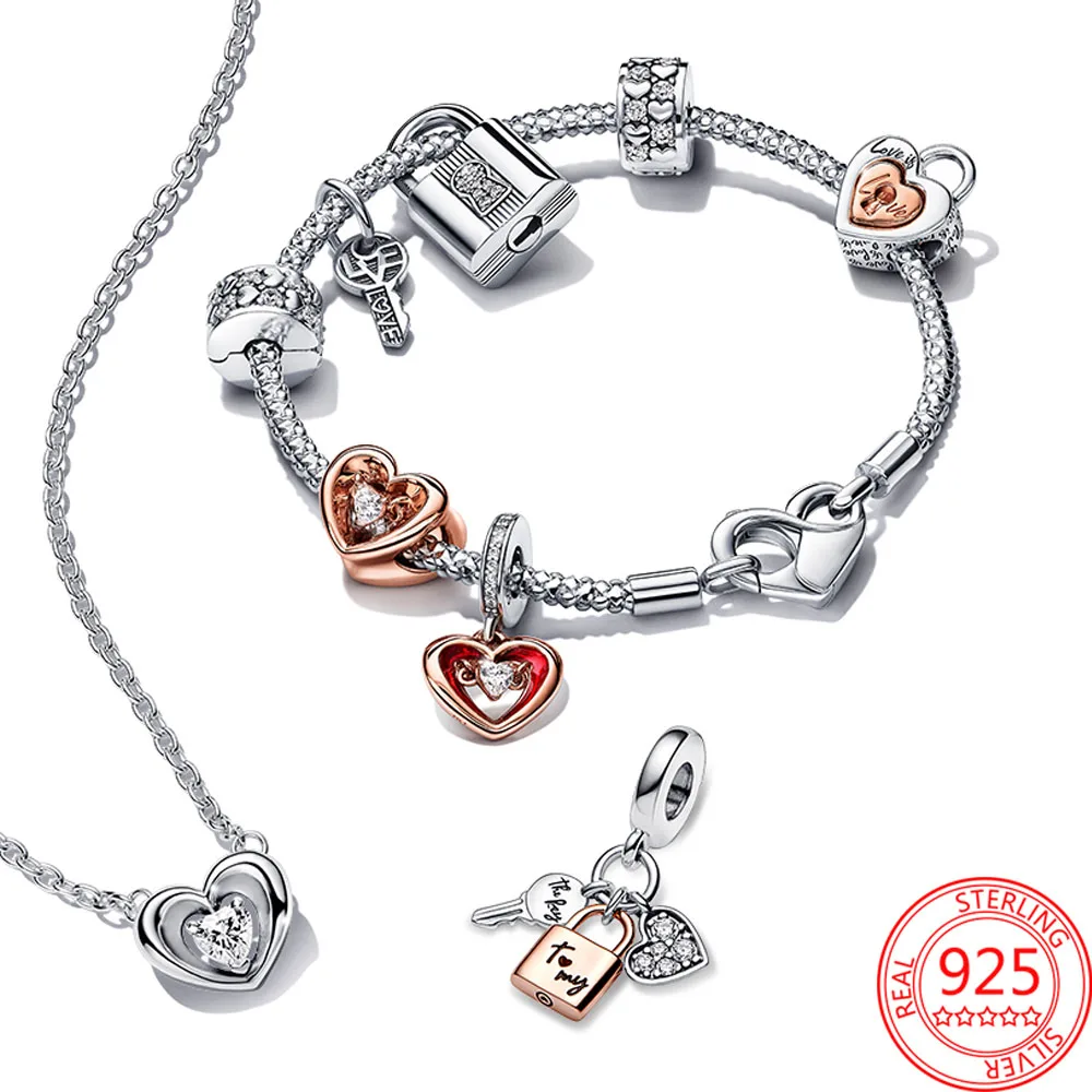 PANDORA SILVER CHARM BRACELET WITH PINK CRYSTAL HEART LOVE FAMILY CHARMS &  BOX!