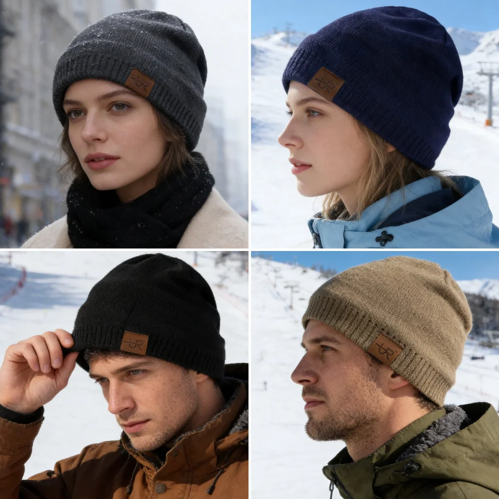Unisex URGENTMAN Labal Winter Hats Solid Color Knitted Hats For Men And Women Beanie Cap Outdoor Add Fur Lining Warm Sports Hats