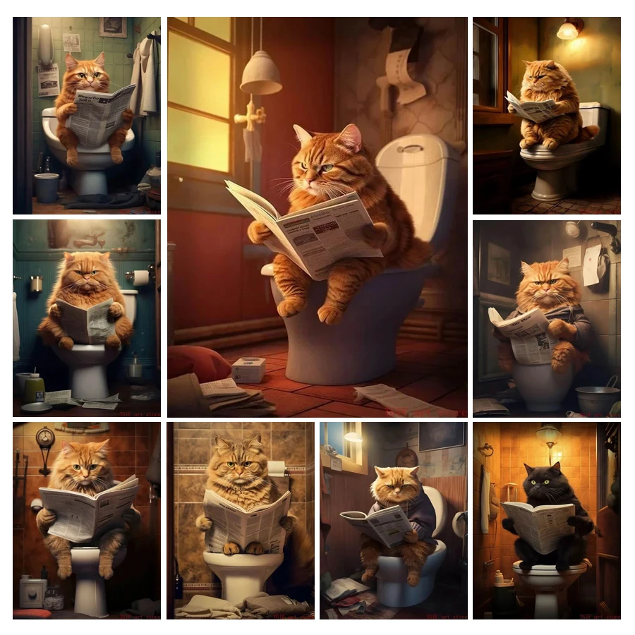 

Большая кошка туалет газеты для чтения алмазная живопись своими руками полная Мозаика Искусство Вышивка картина животные Настенный декор