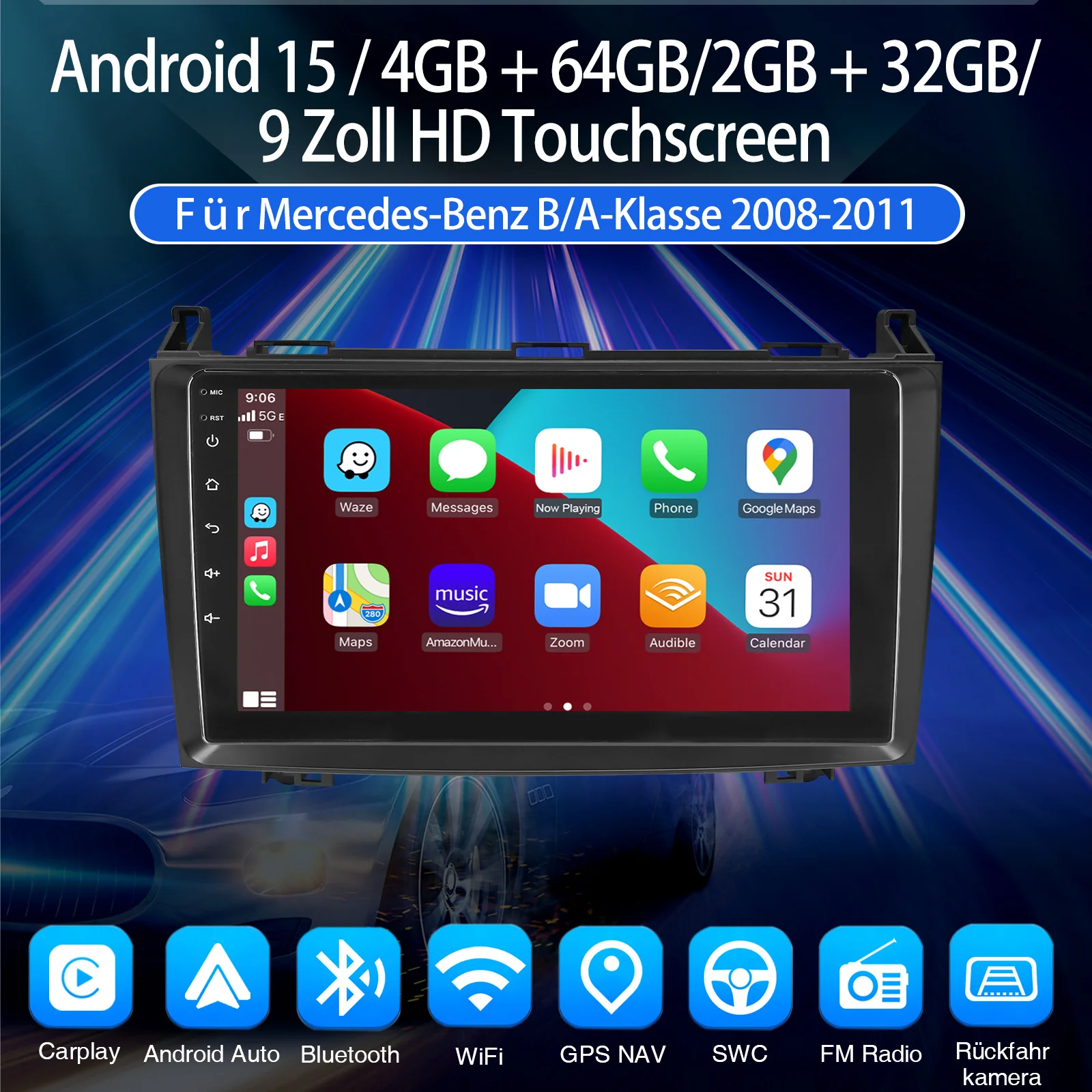 ESSGOO Autoradio Android 15 9" 4+64 GB / 2+32 GB für Mercedes-Benz A/B-Klasse W169 W245 GPS Navigation RDS WiFi Wireless CarPlay Bluetooth Auto-Radio FM Lenkradsteuerung Android Auto CANBUS Touchscreen – Detail 1