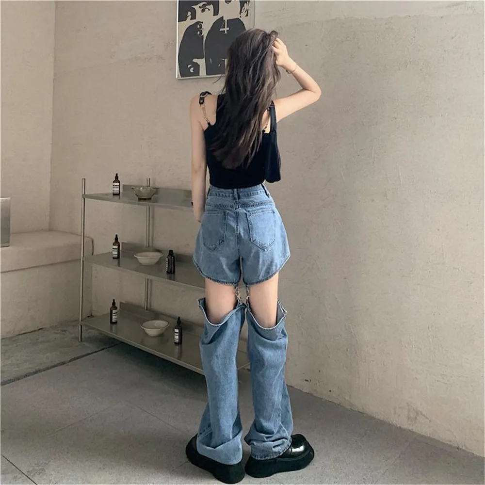 2024 Spring/Summer Jeans Women's Loose High Waist Slim Wide Leg Straight Leg Pants Detachable Shorts