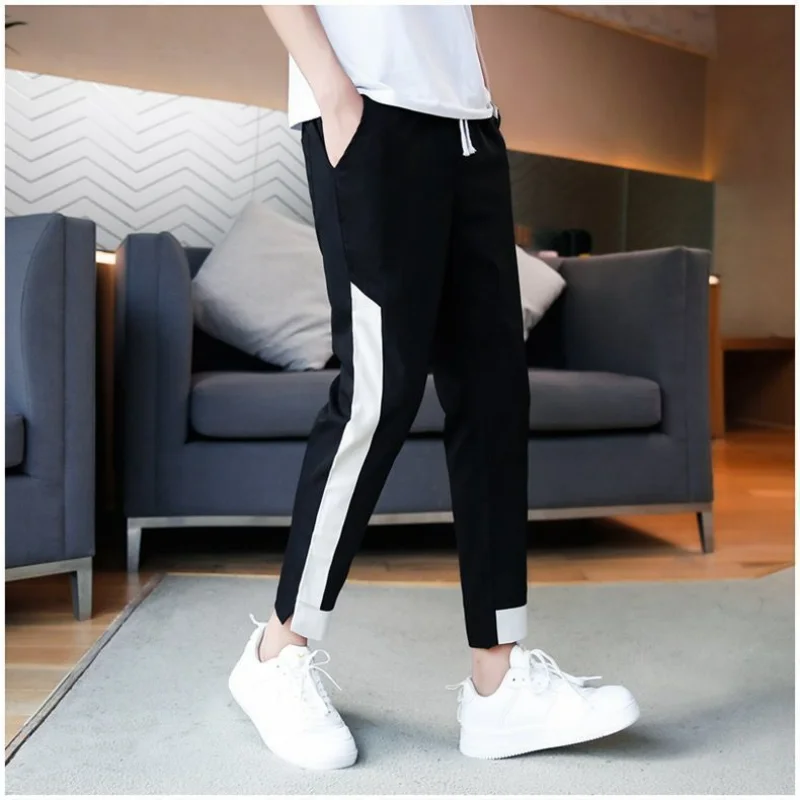 Korean Summer New Loose Versatile Casual Pants Men's Panelled Elastic Waist Drawstring Pockets Patchwork Thin Harlan Trousers