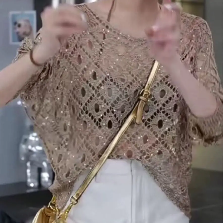 

Women's Fashion Sequin Hollow Out Style Pullover Knitted T-shirt 2023 Summer New European Design Sexy Loose Top Tees