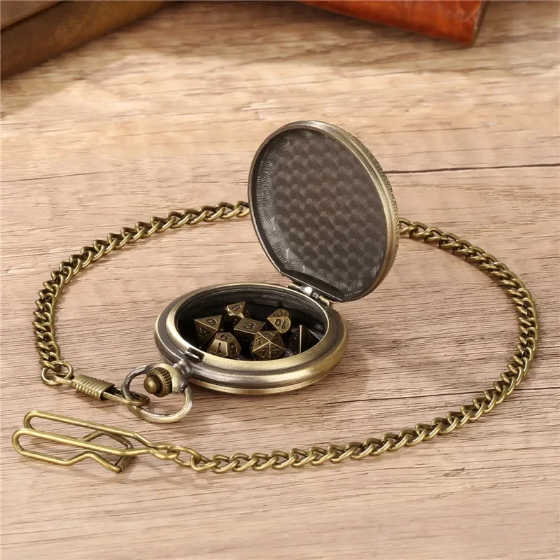 Retro Steampunk Engraved Dragon Case with 7pcs/set Metal Polyhedral Dices Pocket Watch Chain Entertainment Role Paly Game Dice