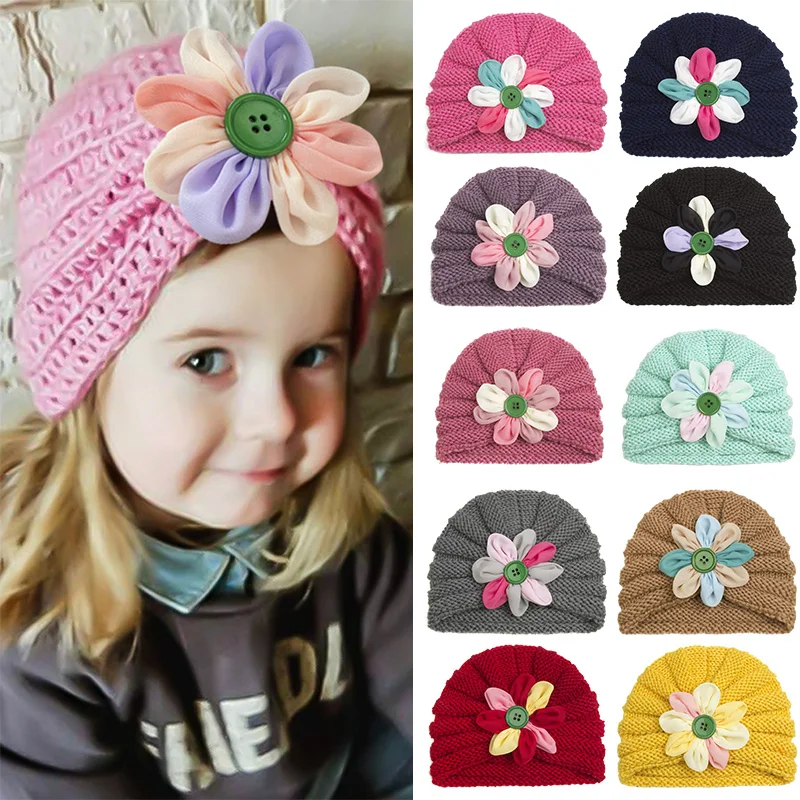 Buttons Flower Knitted Baby Hat for Boys Girls Autumn Winter Warm Thicke Soft Beanie Cap Korean Cute Wool Newborn Toddler Bonnet