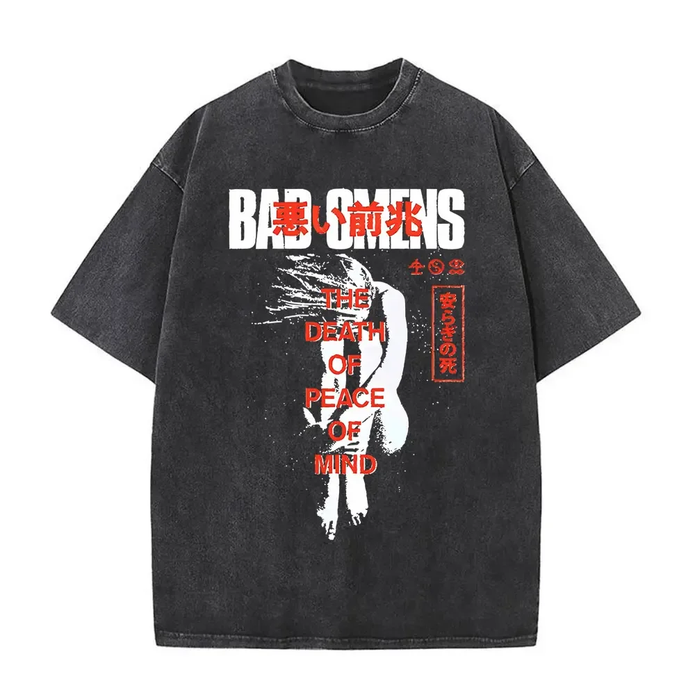 Washed Vintage Bad Omens Print T-shirt Funny Moth Graphic Tshirt Men Women Fashion Hip Hop Streetwear Short Sleeve T-shirts Male 3