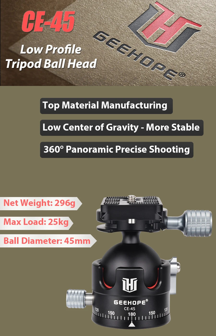 GEEHOPE CE-45 Low Profile Tripod Ballhead Universal Panoramic 45mm BallHead for