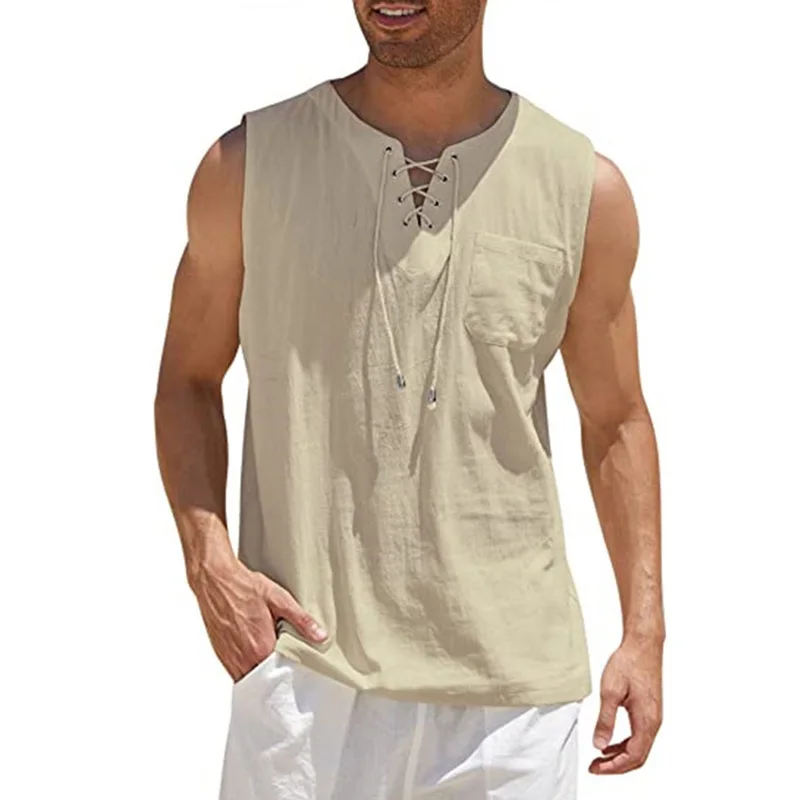

Fashion Summer Mens Cotton Linen T Shirt Sleeveless Linen Tops Casual Loose Tee Casual Breathable Soft Tank Top