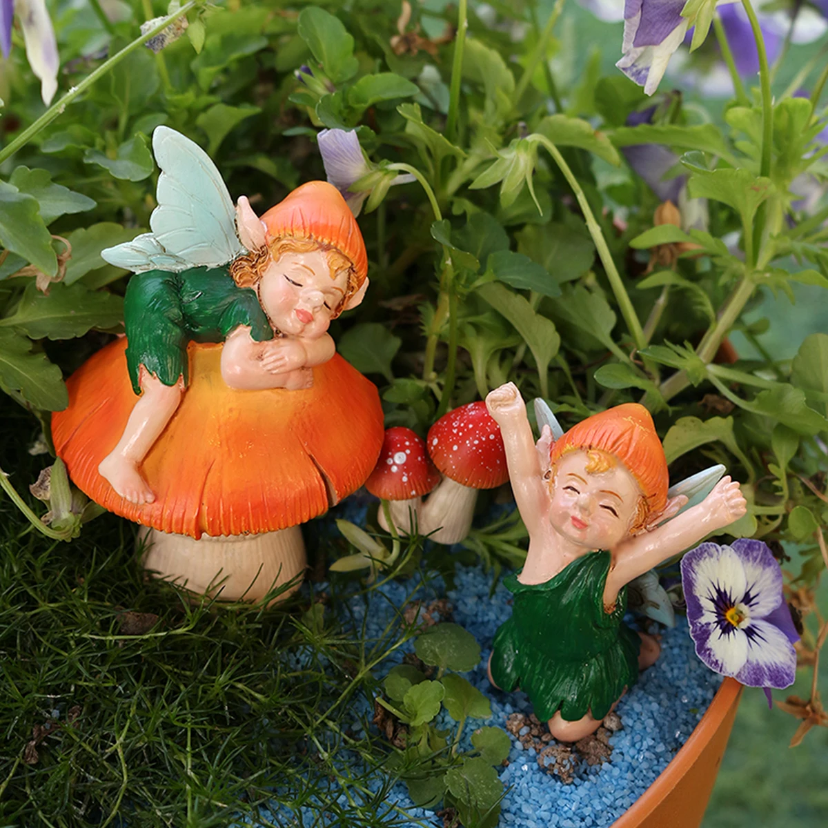 3-piece set of cute garden mushroom fairy bonsai resin statues, fairy
