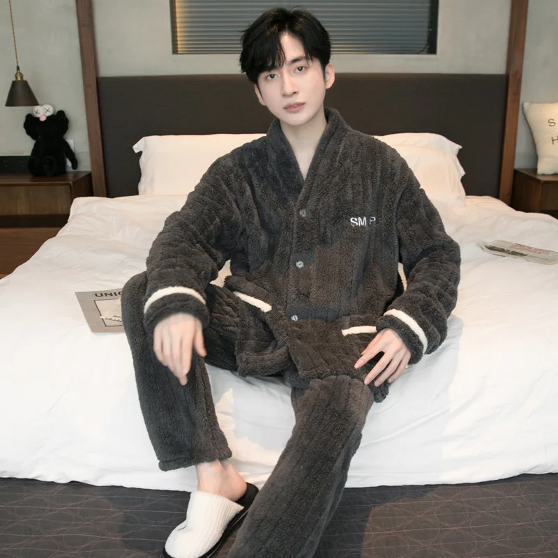 남성용 두꺼운 플러시 플란넬 잠옷, 긴 소매 카디건, 따뜻한 산호 벨벳, 가정 의류 세트, 가을, 겨울