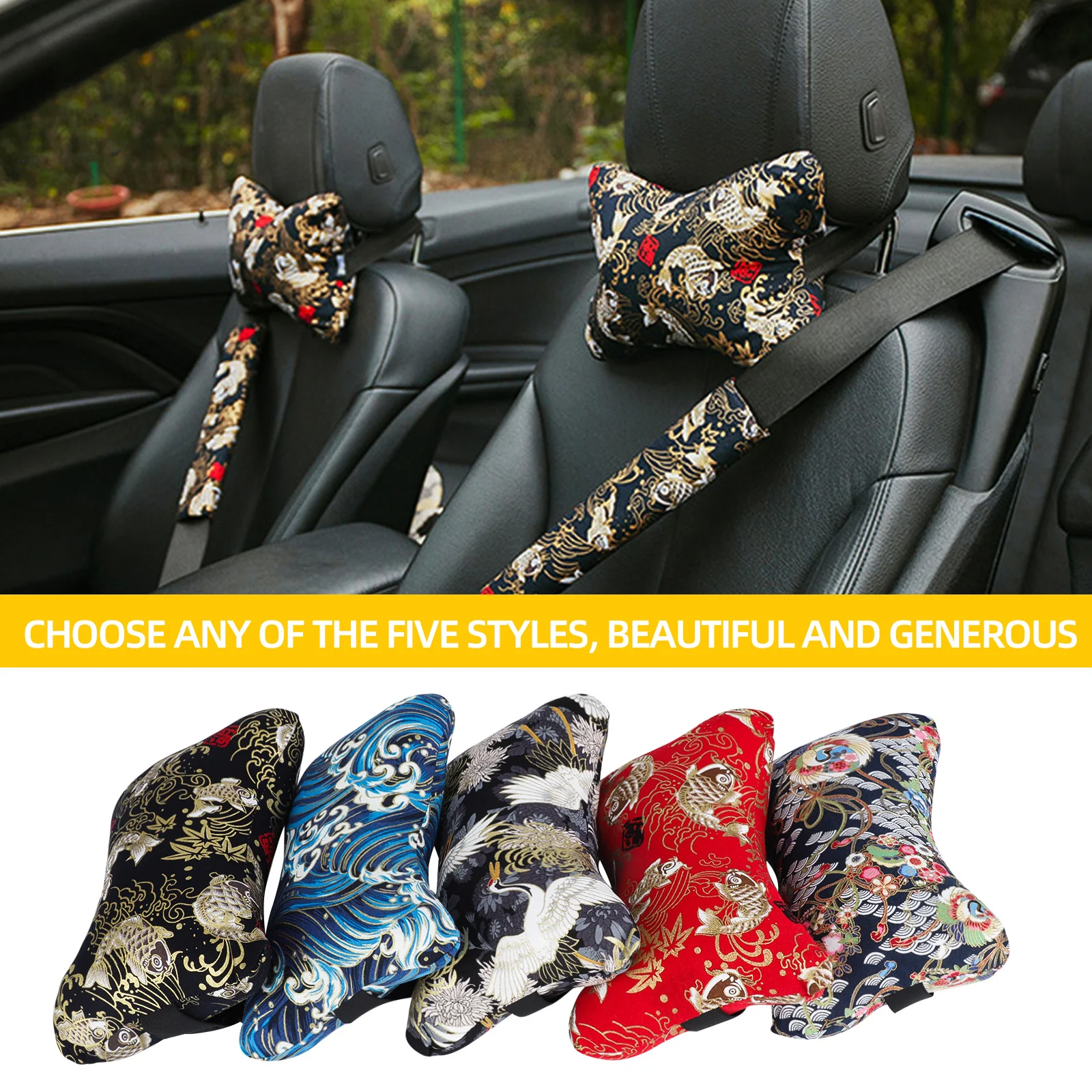 Car Neck Pillows Car Headrest Japan Ukiyo-e Head And Neck Rest Cushion Support Seat Universal Backrest Safety Pillow