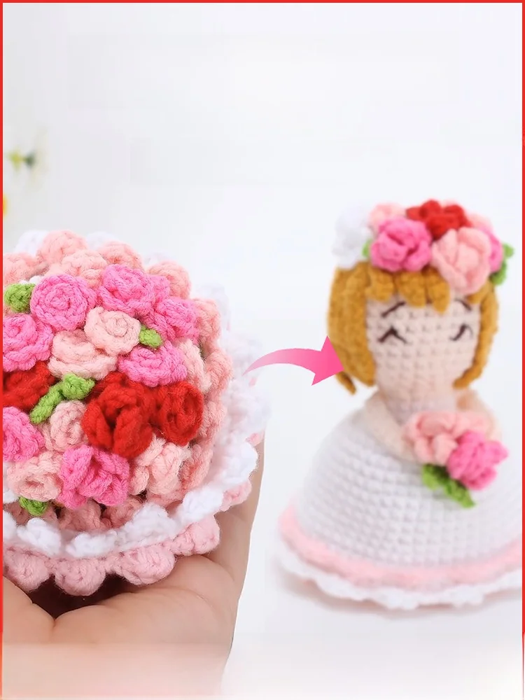 White Knitted Flower Bridal Dr Doll Handmade DIY Yarn Wedding Bouquet Transformation Crt Cotton Tead Fabric Accories