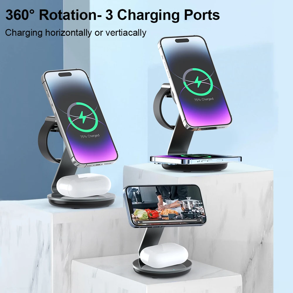 Magnetic Wireless Charger Stand 3 in 1 Fast Charging Station For iPhone 15 14 13 12 Pro Max Apple Watch 9 8 7 6 5 Induction USB