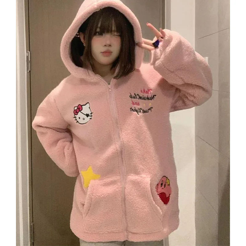 

Sanrio Women Zip Hoodie Lambswool Sweatshirt Hello Kitty Clothing Kawaii Cute Girl Cotton Clothes Jacket Y2K Keep Warm Party Gif