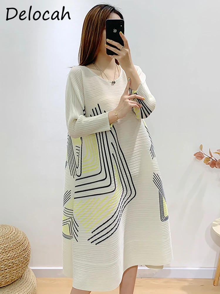 

Delocah/высококачественное летнее женское модное дизайнерское плиссированное платье миди с коротким рукавом, Полосатое разноцветное свободное платье