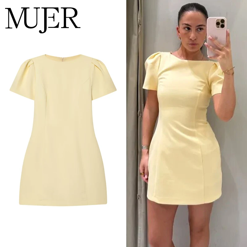 MUJER 2026 Plissierte Kurzkleider für Damen Gelbe Festtagskleider Elegante Partykleider Damen Kurzarm Formelles Kleid