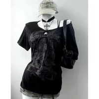Vintage Gothic Prints Black T-Shirt Women Y2K Harajuku Fashion Punk Off-shoulder Sling Sexy Slim Summer Casual Trendy Top - Image 3