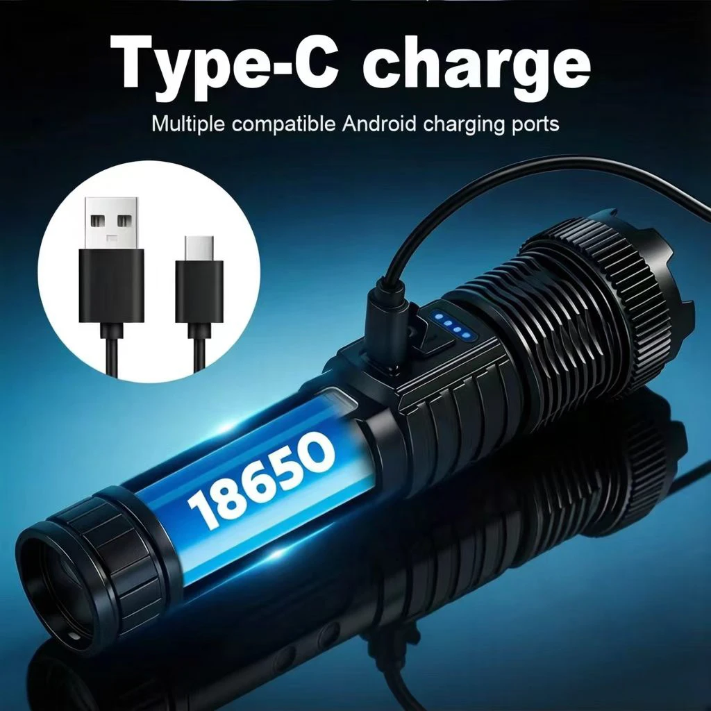 강력한 COB LED 손전등 TYPE-C 충전식 줌 기능이 있는 사이드 라이트 방수 토치 캠핑 하이킹 비상 야외용